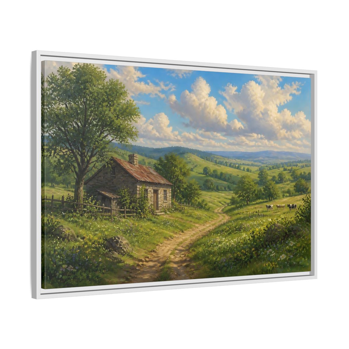Side Mockup 9. Sunlit Country Cottage shown as framed canvas print