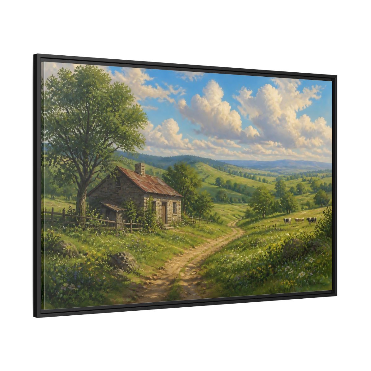 Side Mockup 12. Sunlit Country Cottage shown as framed canvas print