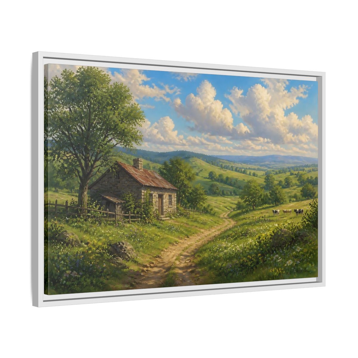 Side Mockup 10. Sunlit Country Cottage shown as framed canvas print