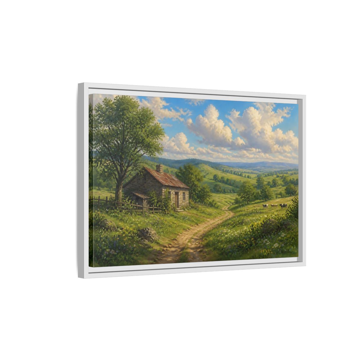 Side Mockup 1. Sunlit Country Cottage shown as framed canvas print