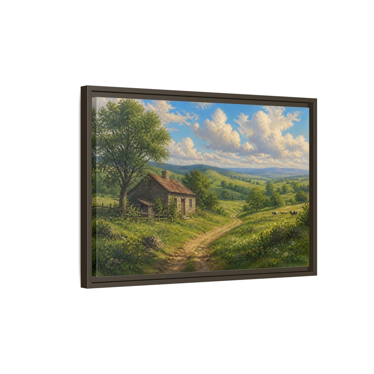 Side Mockup 2. Sunlit Country Cottage shown as framed canvas print