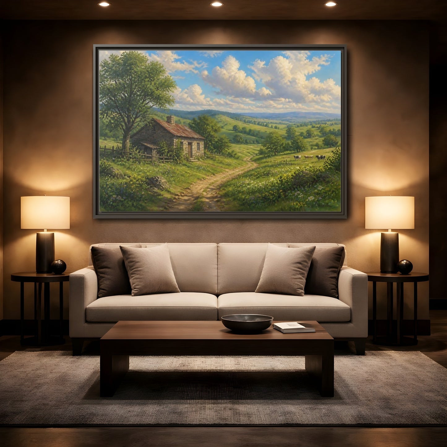Mockup 2. Sunlit Country Cottage shown as framed canvas print