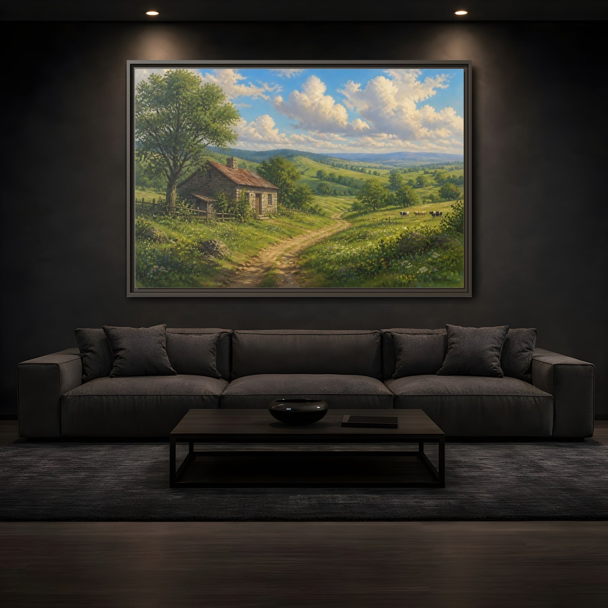 Mockup 3. Sunlit Country Cottage shown as framed canvas print