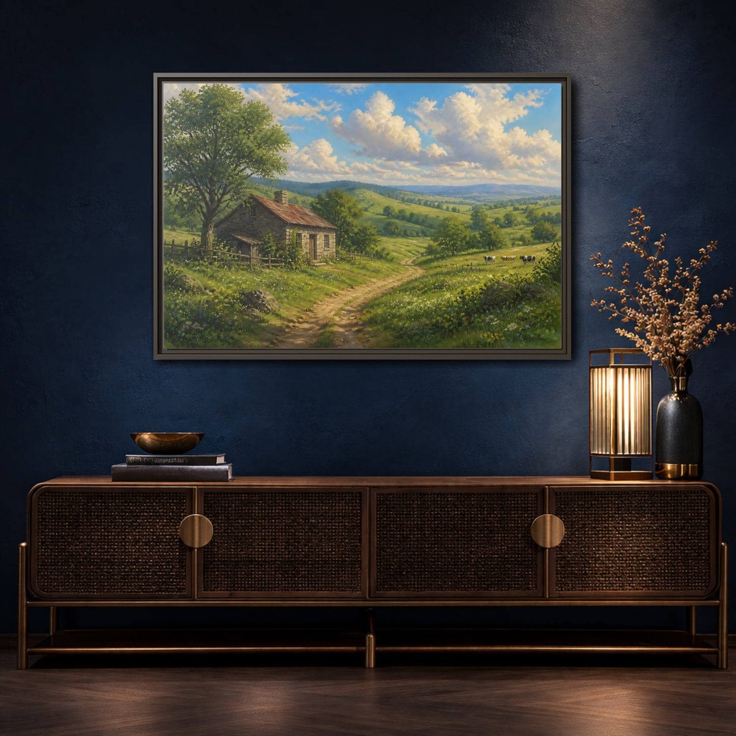 Mockup 4. Sunlit Country Cottage shown as framed canvas print