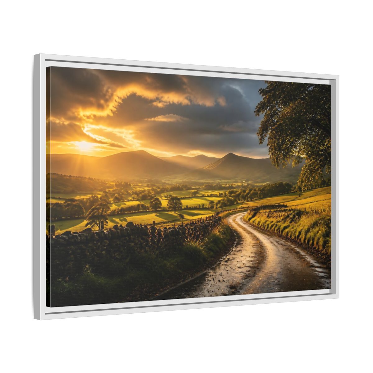 Side Mockup 10. Sunlit Country Road shown as framed canvas print