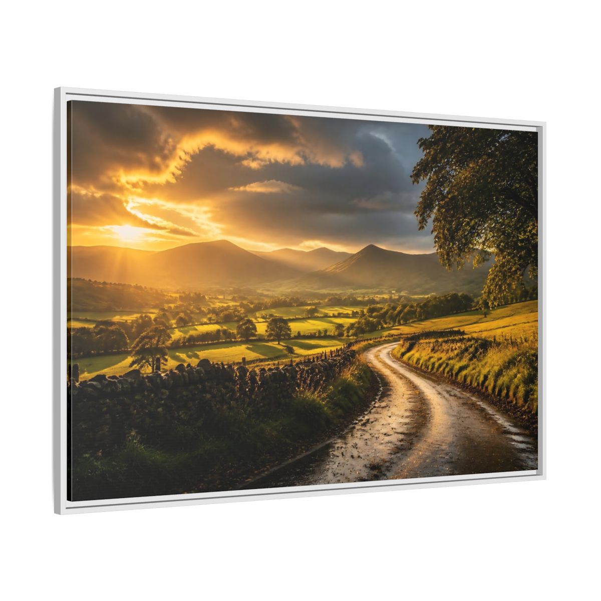 Side Mockup 7. Sunlit Country Road shown as framed canvas print