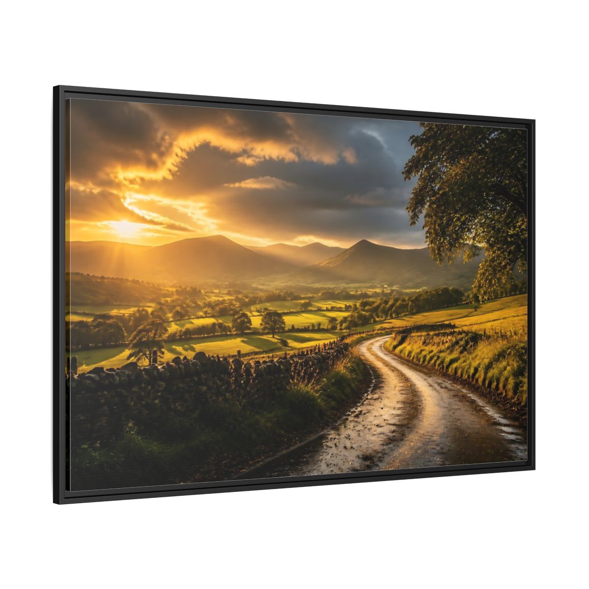 Side Mockup 12. Sunlit Country Road shown as framed canvas print