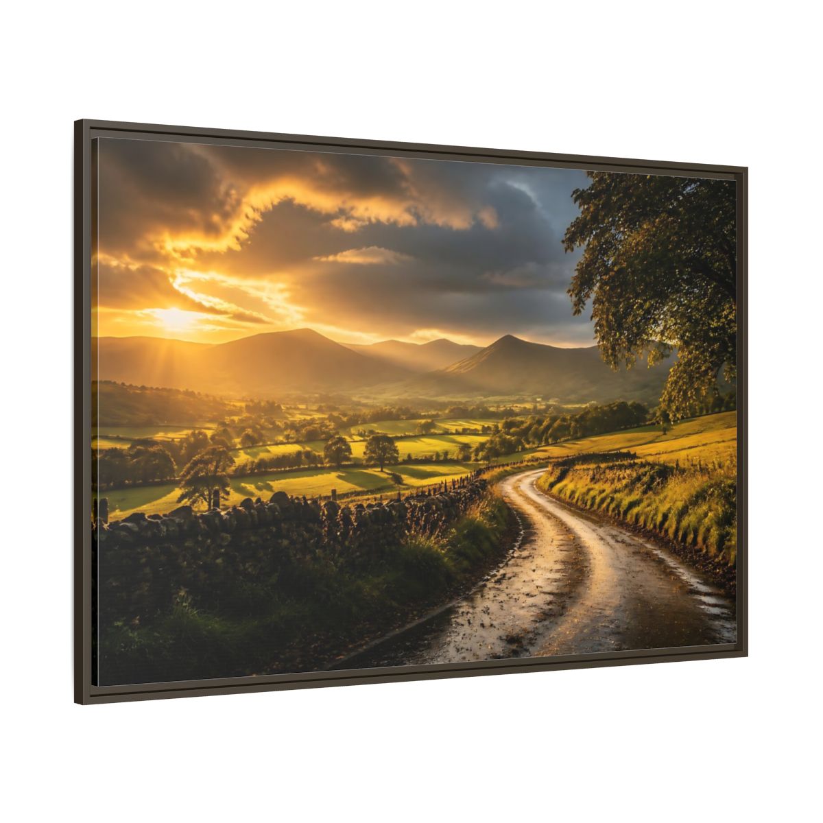 Side Mockup 8. Sunlit Country Road shown as framed canvas print