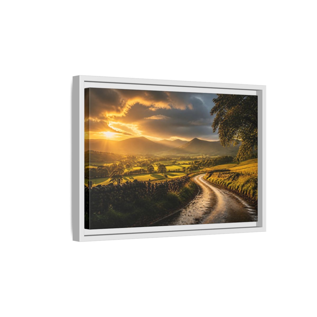 Side Mockup 4. Sunlit Country Road shown as framed canvas print