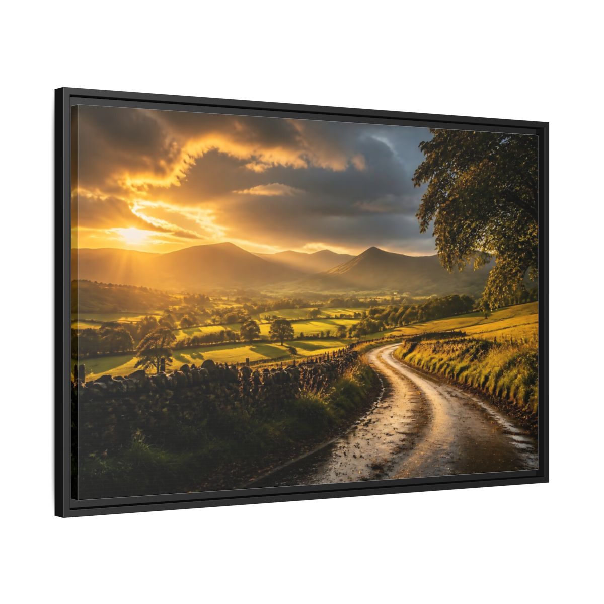 Side Mockup 13. Sunlit Country Road shown as framed canvas print