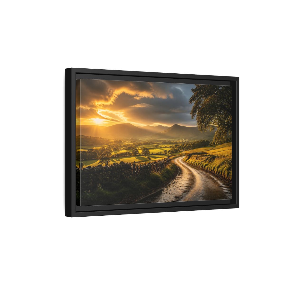 Side Mockup 6. Sunlit Country Road shown as framed canvas print