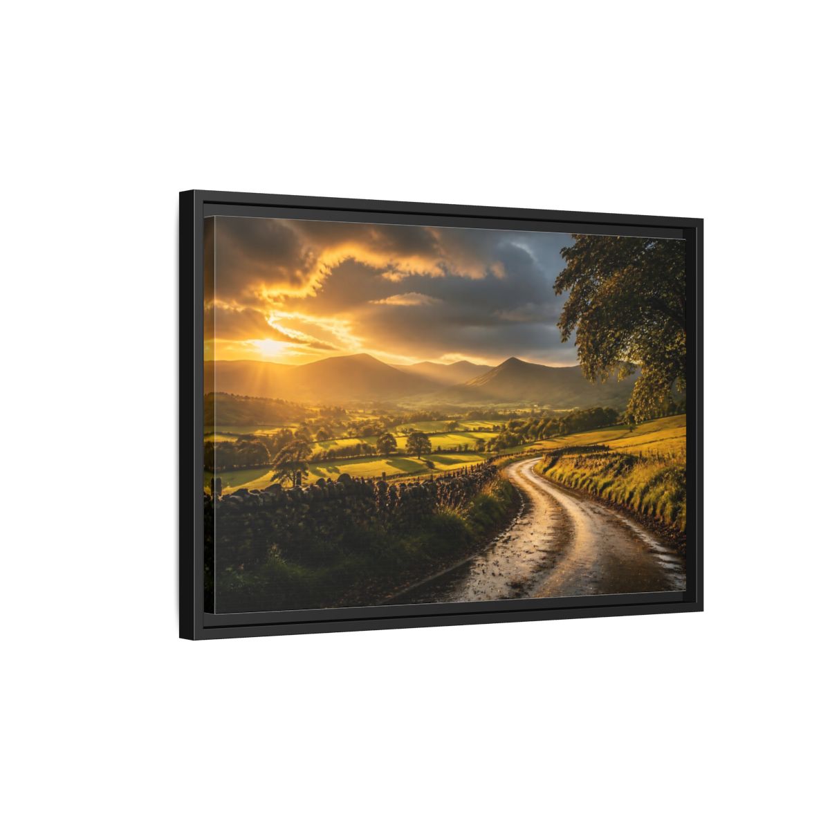 Side Mockup 3. Sunlit Country Road shown as framed canvas print