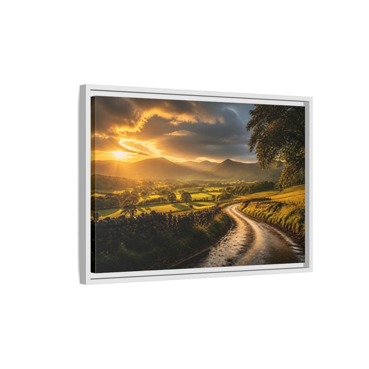 Side Mockup 1. Sunlit Country Road shown as framed canvas print