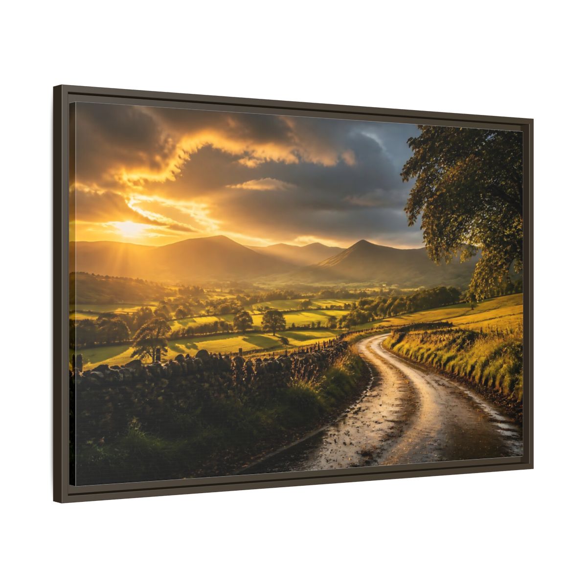 Main Mockup. Sunlit Country Road shown as framed canvas print