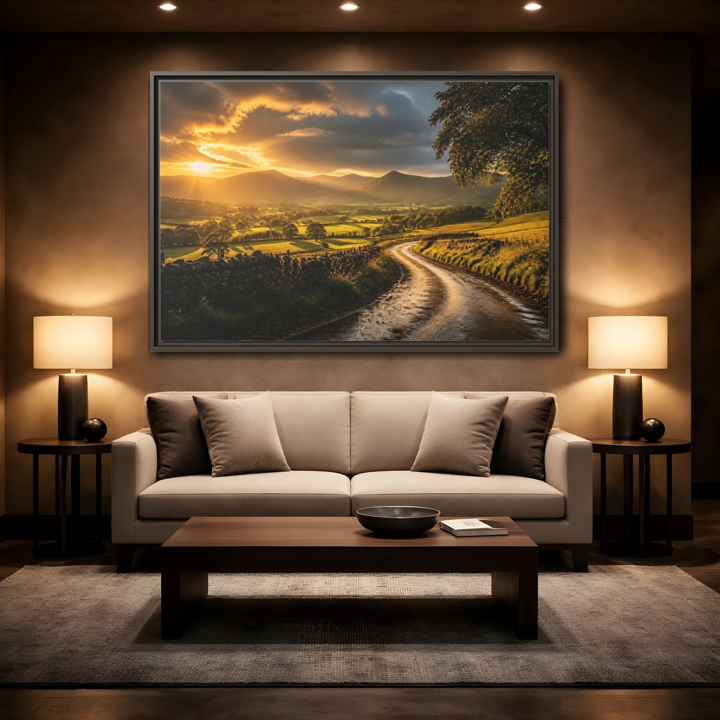 Mockup 2. Sunlit Country Road shown as framed canvas print