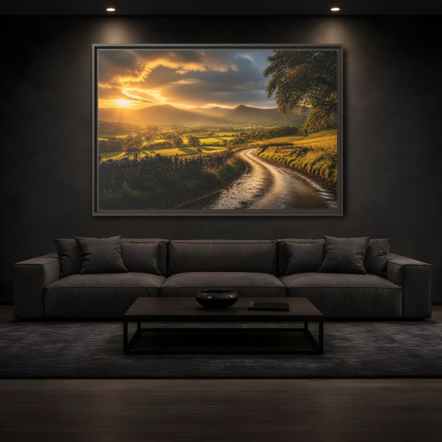 Mockup 3. Sunlit Country Road shown as framed canvas print