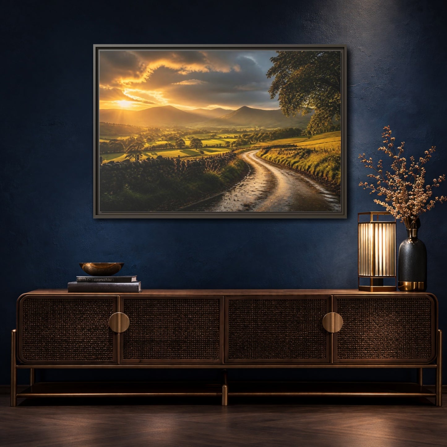 Mockup 4. Sunlit Country Road shown as framed canvas print