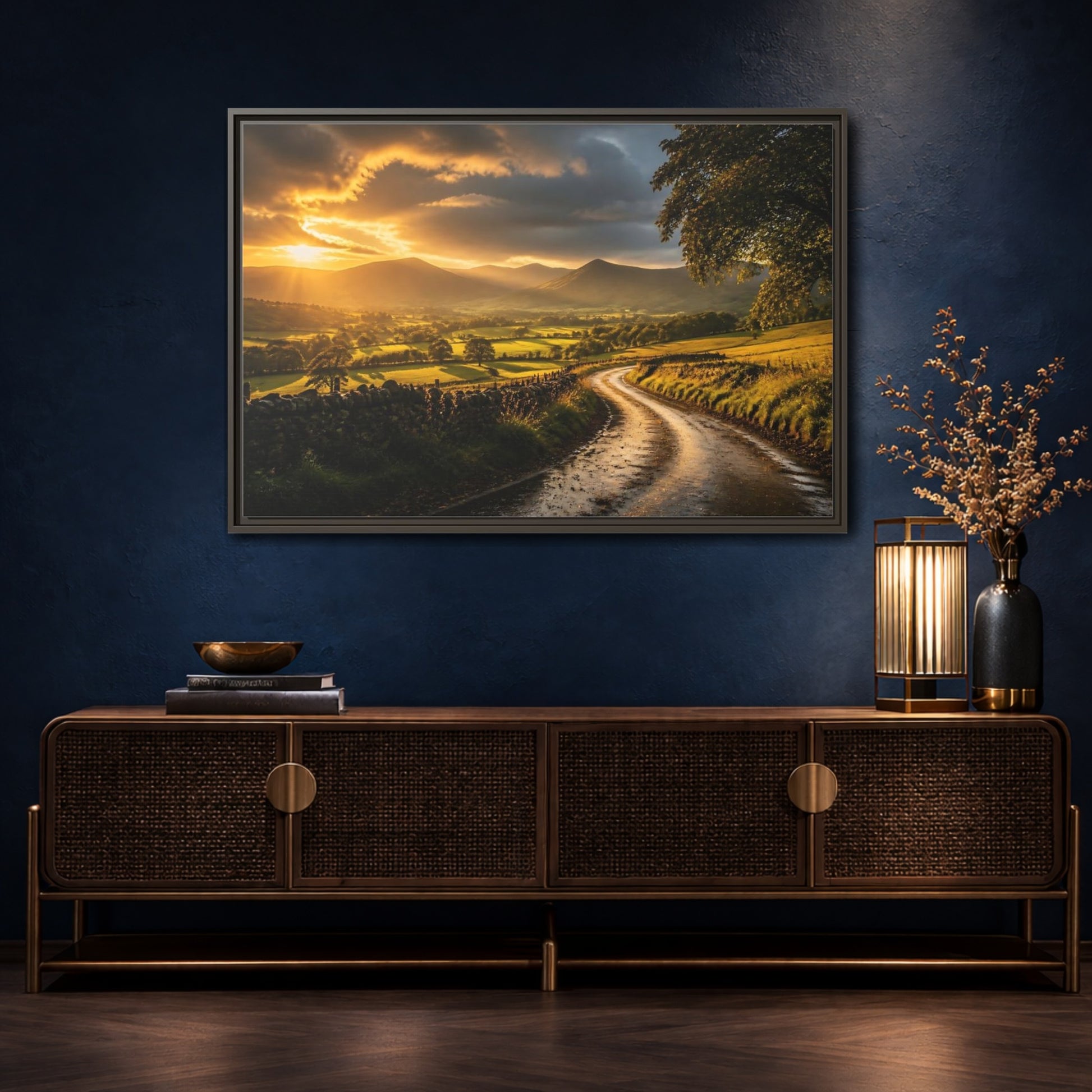 Mockup 4. Sunlit Country Road shown as framed canvas print