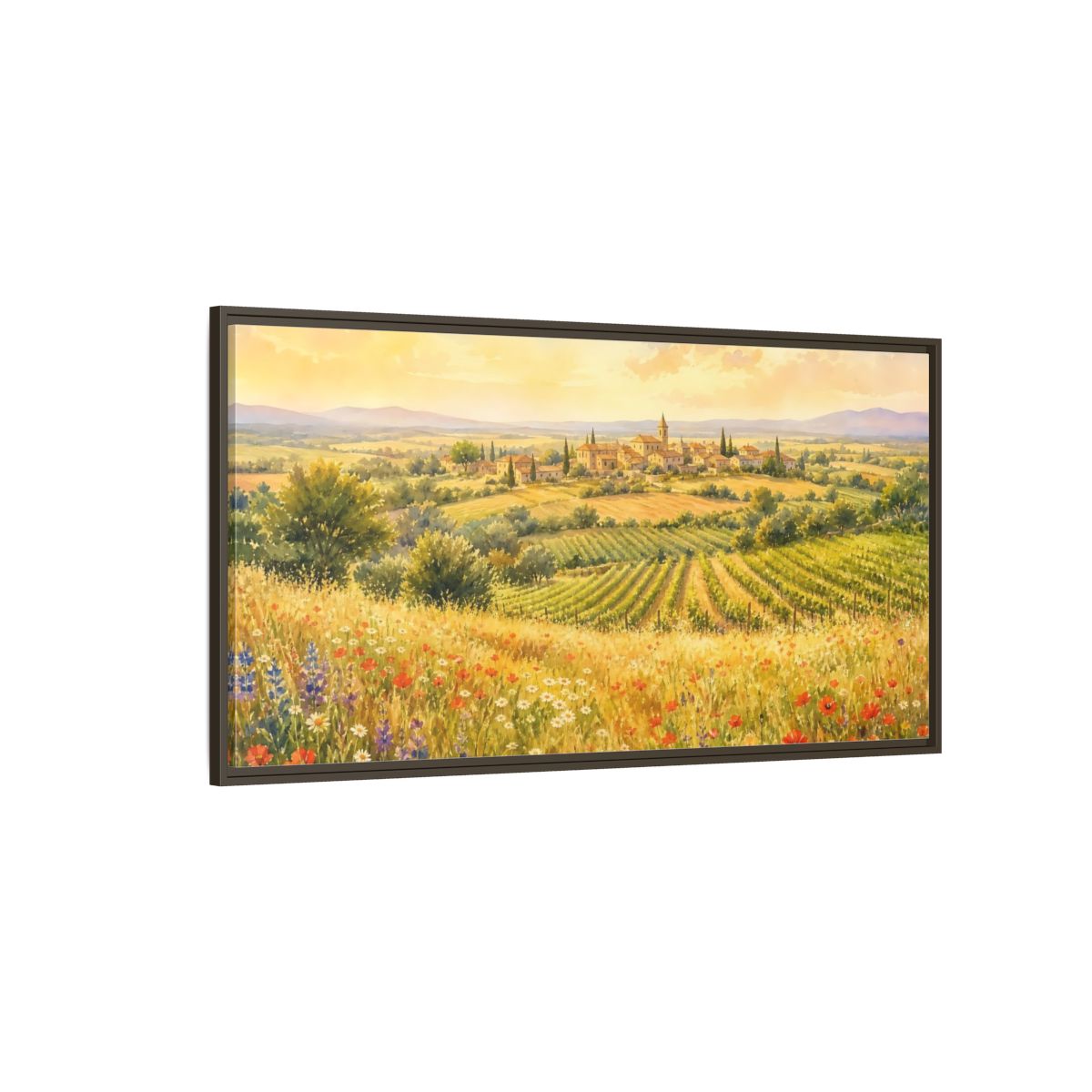 Side Mockup 4. Sunlit Country Village shown as framed canvas print