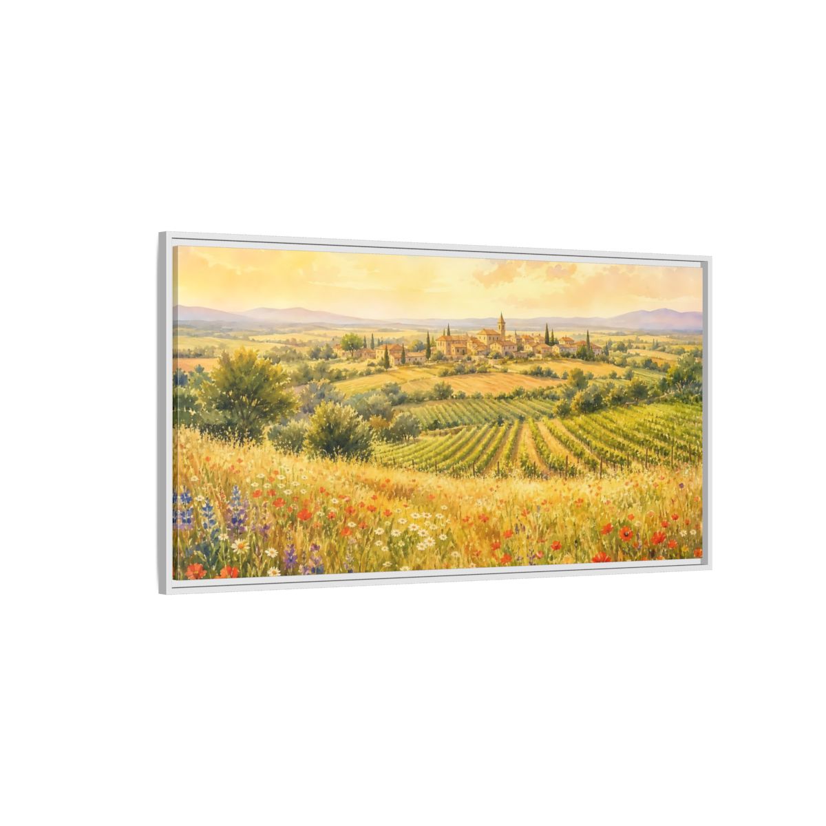 Side Mockup 3. Sunlit Country Village shown as framed canvas print