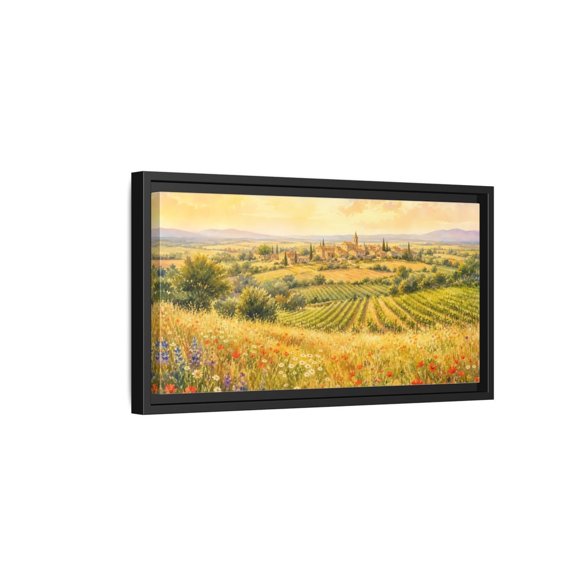 Side Mockup 8. Sunlit Country Village shown as framed canvas print