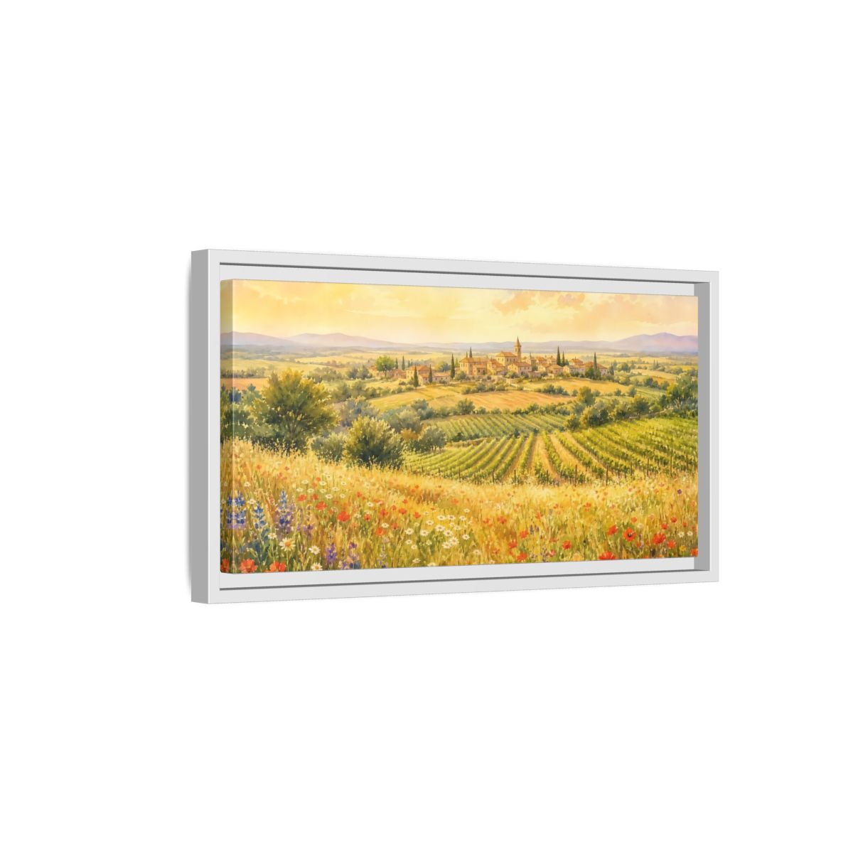 Side Mockup 6. Sunlit Country Village shown as framed canvas print