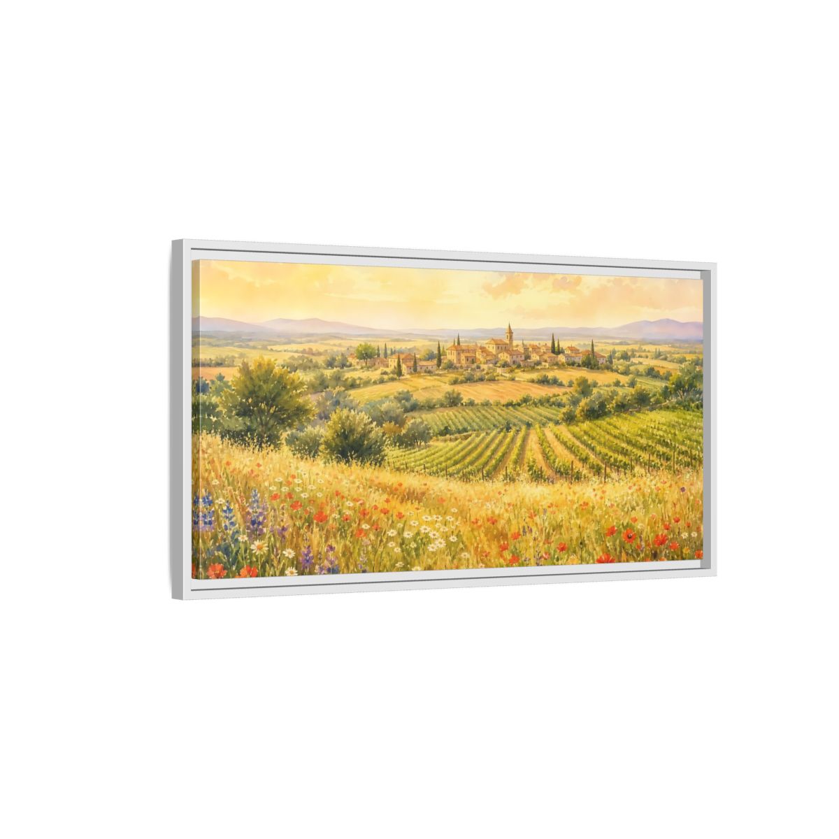 Side Mockup 1. Sunlit Country Village shown as framed canvas print
