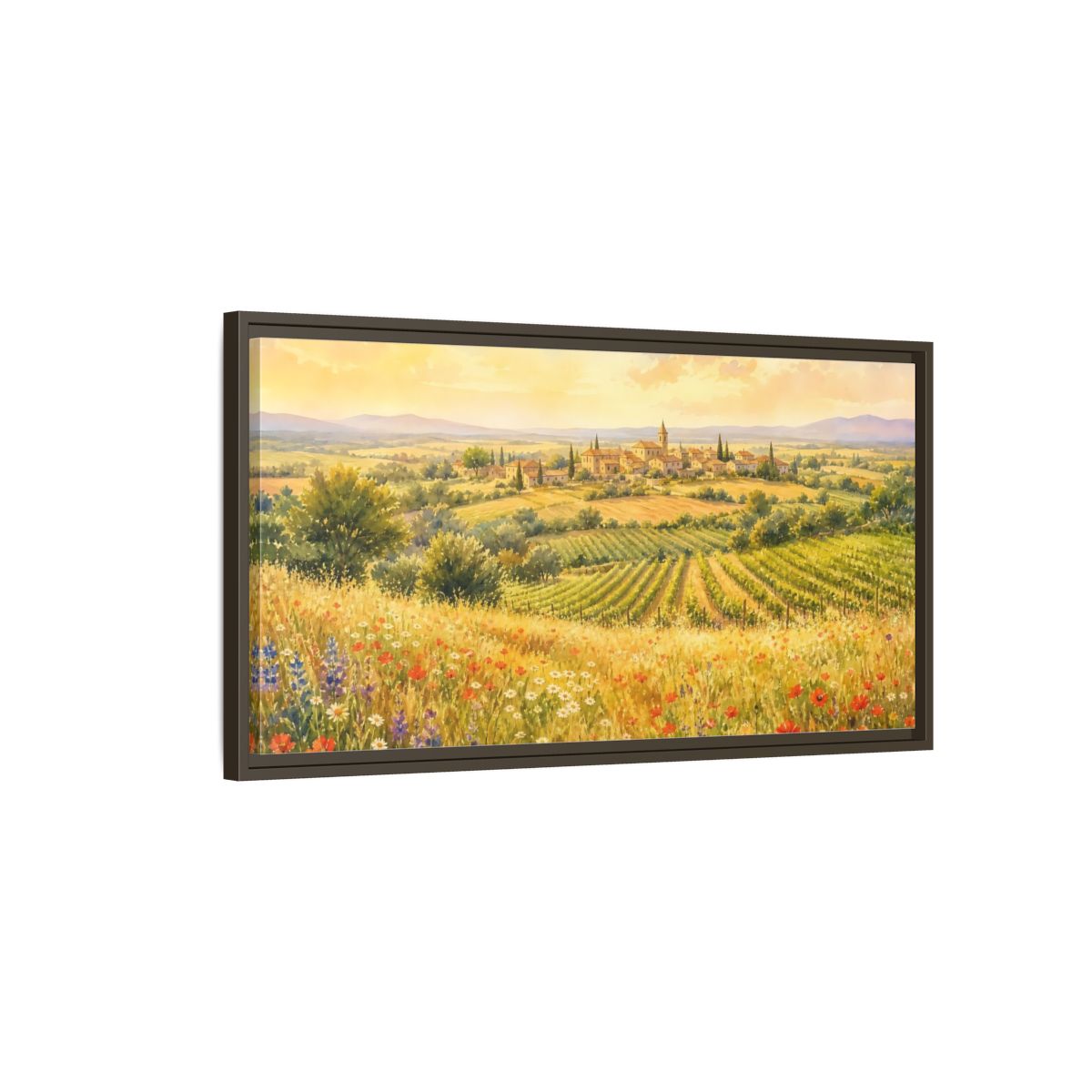 Main Mockup. Sunlit Country Village shown as framed canvas print