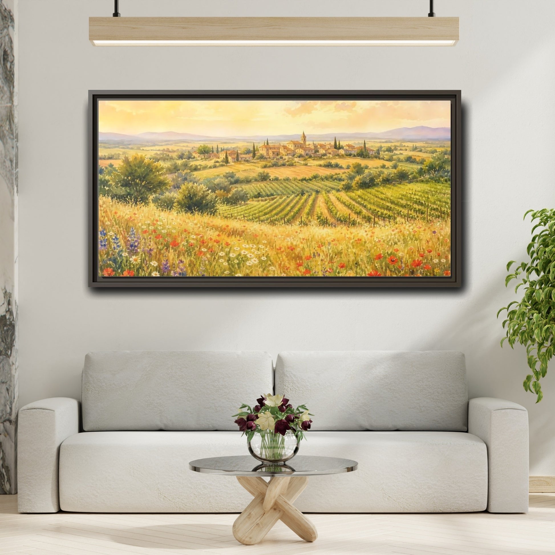 Mockup 2. Sunlit Country Village shown as framed canvas print