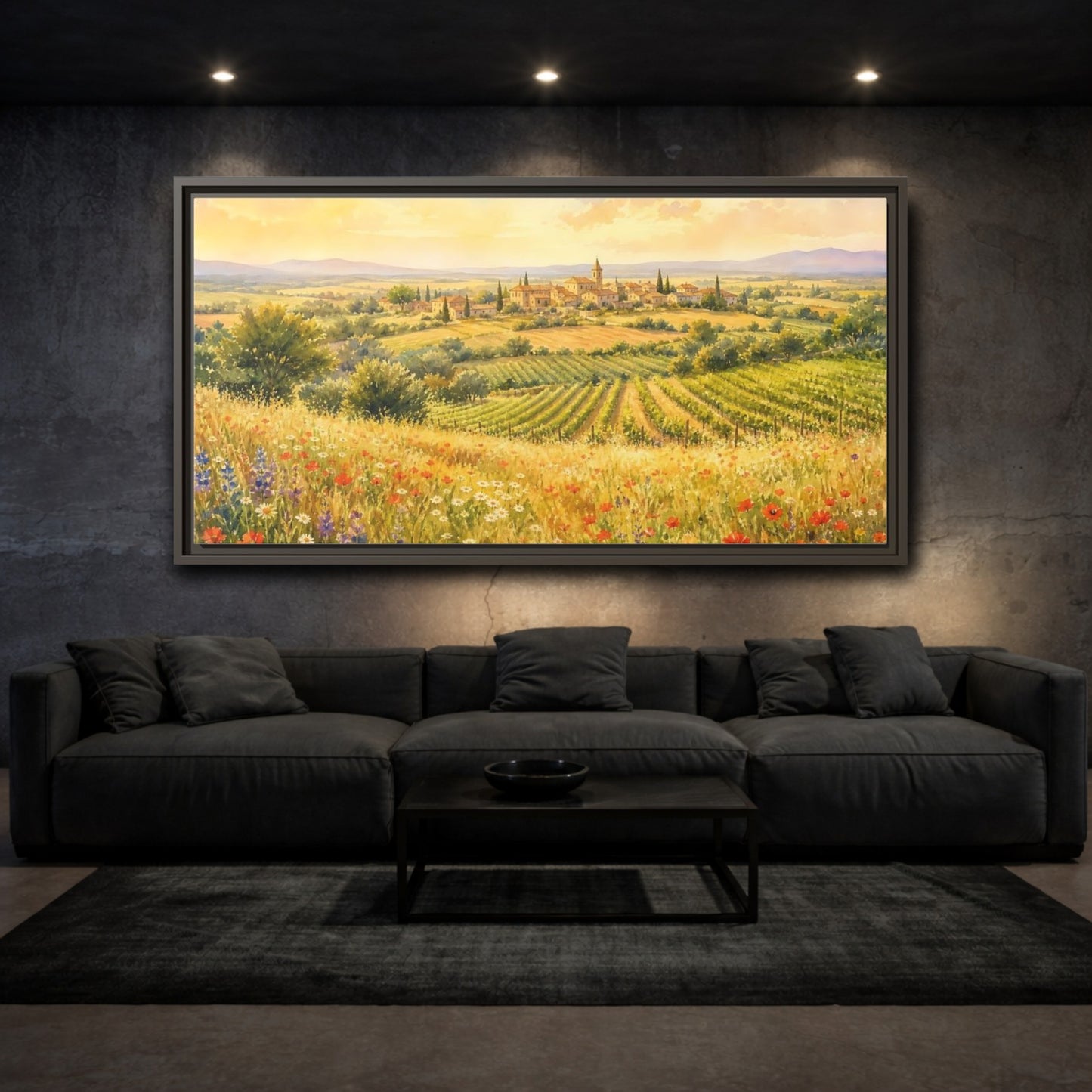 Mockup 3. Sunlit Country Village shown as framed canvas print