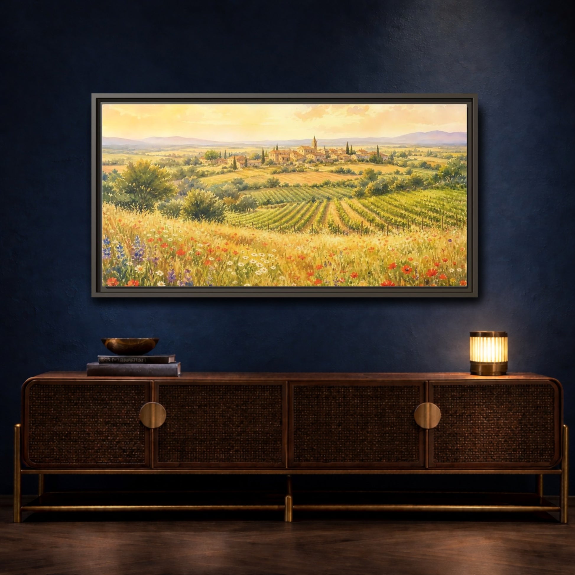 Mockup 4. Sunlit Country Village shown as framed canvas print