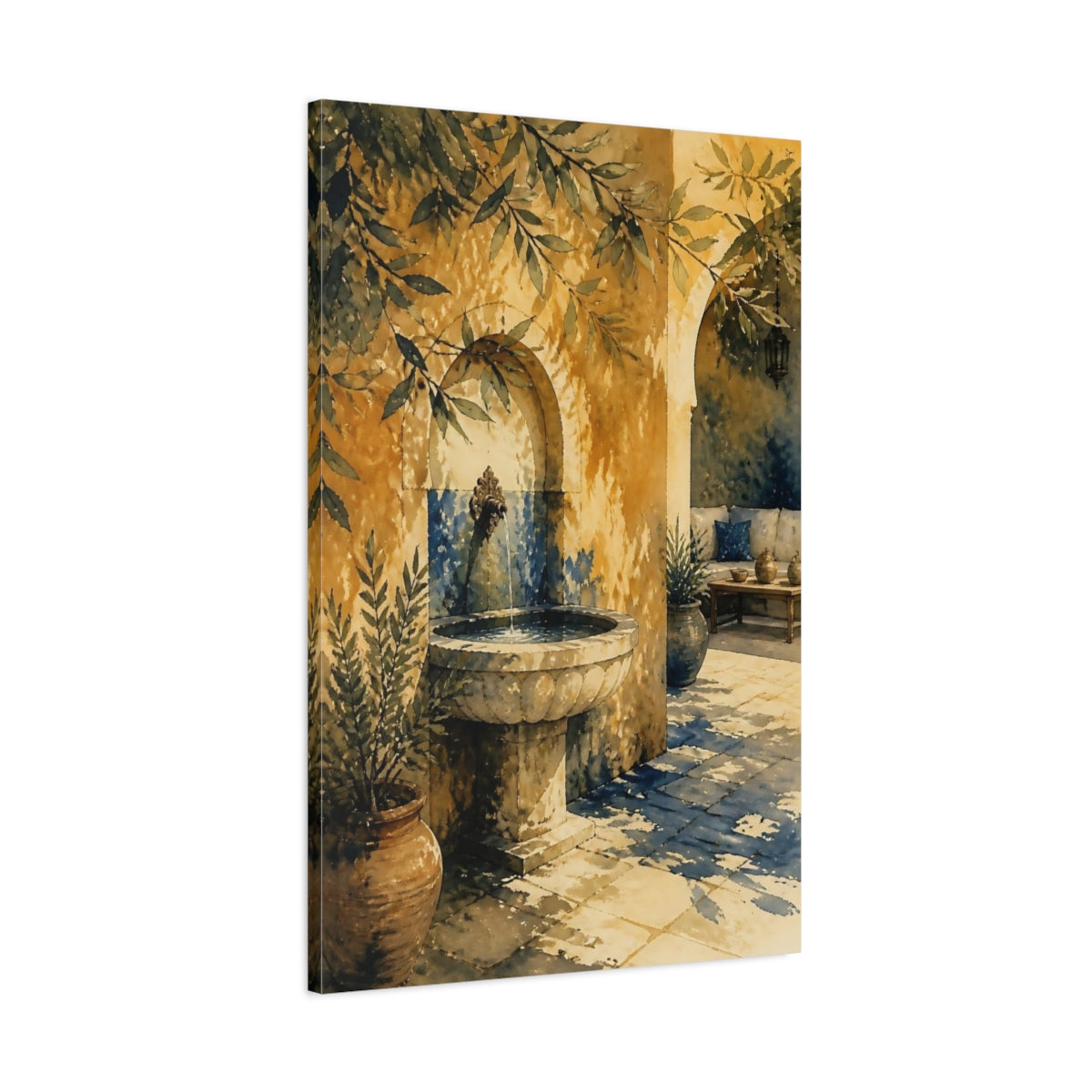 Main Mockup. Sunlit Courtyard Fountain shown as canvas print