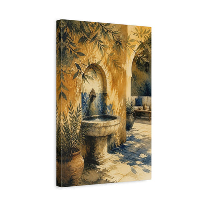 Side Mockup 4. Sunlit Courtyard Fountain shown as canvas print