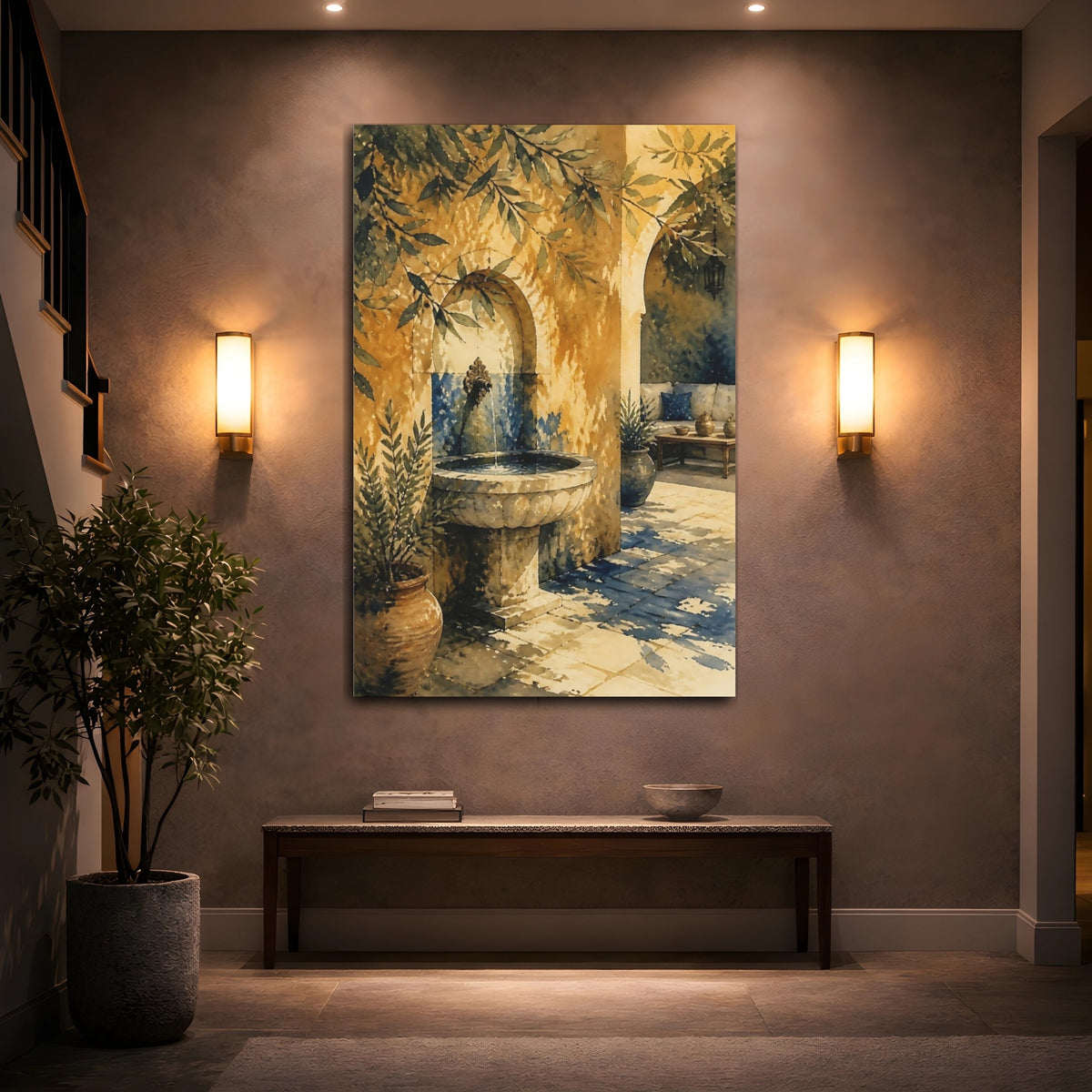 Mockup 2. Sunlit Courtyard Fountain shown as canvas print