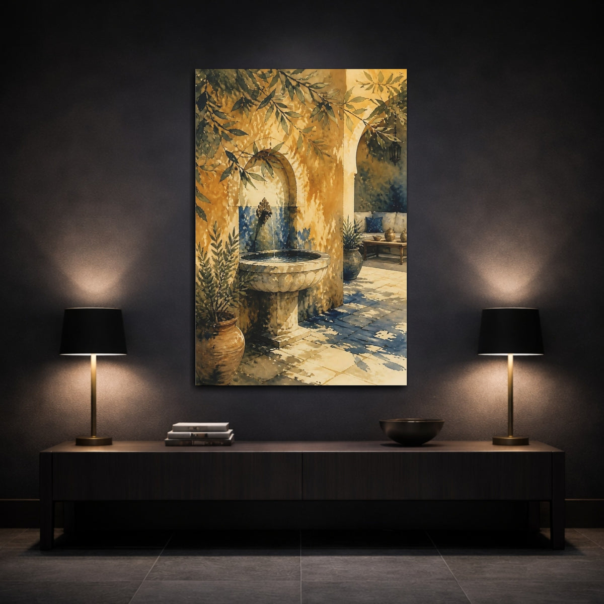 Mockup 3. Sunlit Courtyard Fountain shown as canvas print