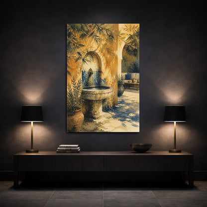 Mockup 3. Sunlit Courtyard Fountain shown as canvas print
