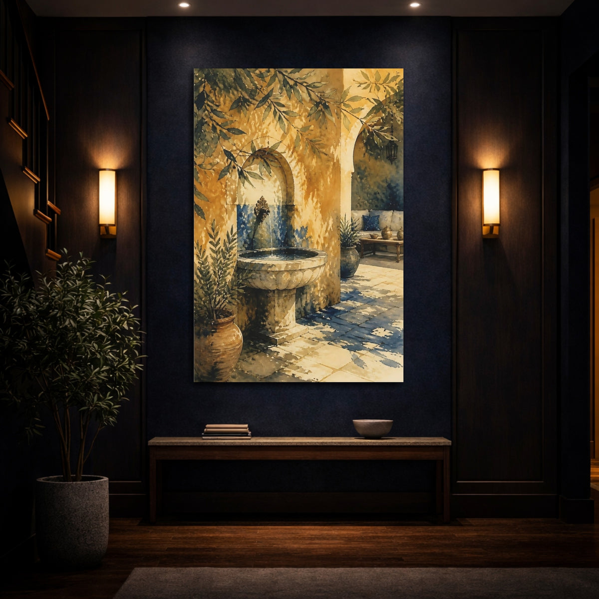 Mockup 4. Sunlit Courtyard Fountain shown as canvas print