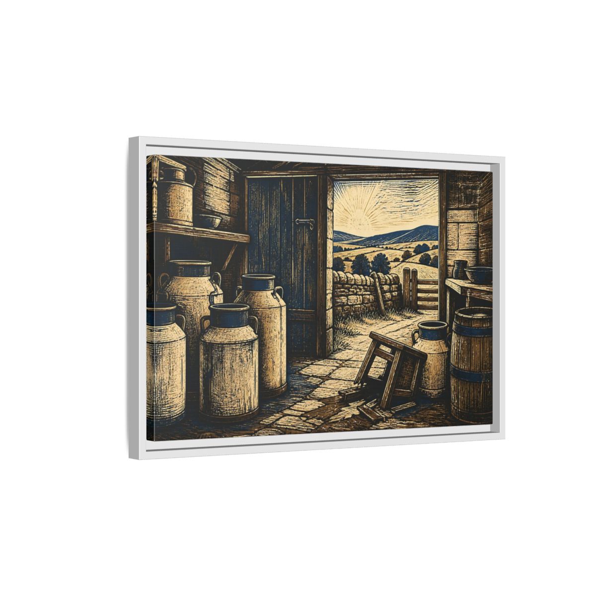 Side Mockup 1. Sunlit Dairy Room shown as framed canvas print