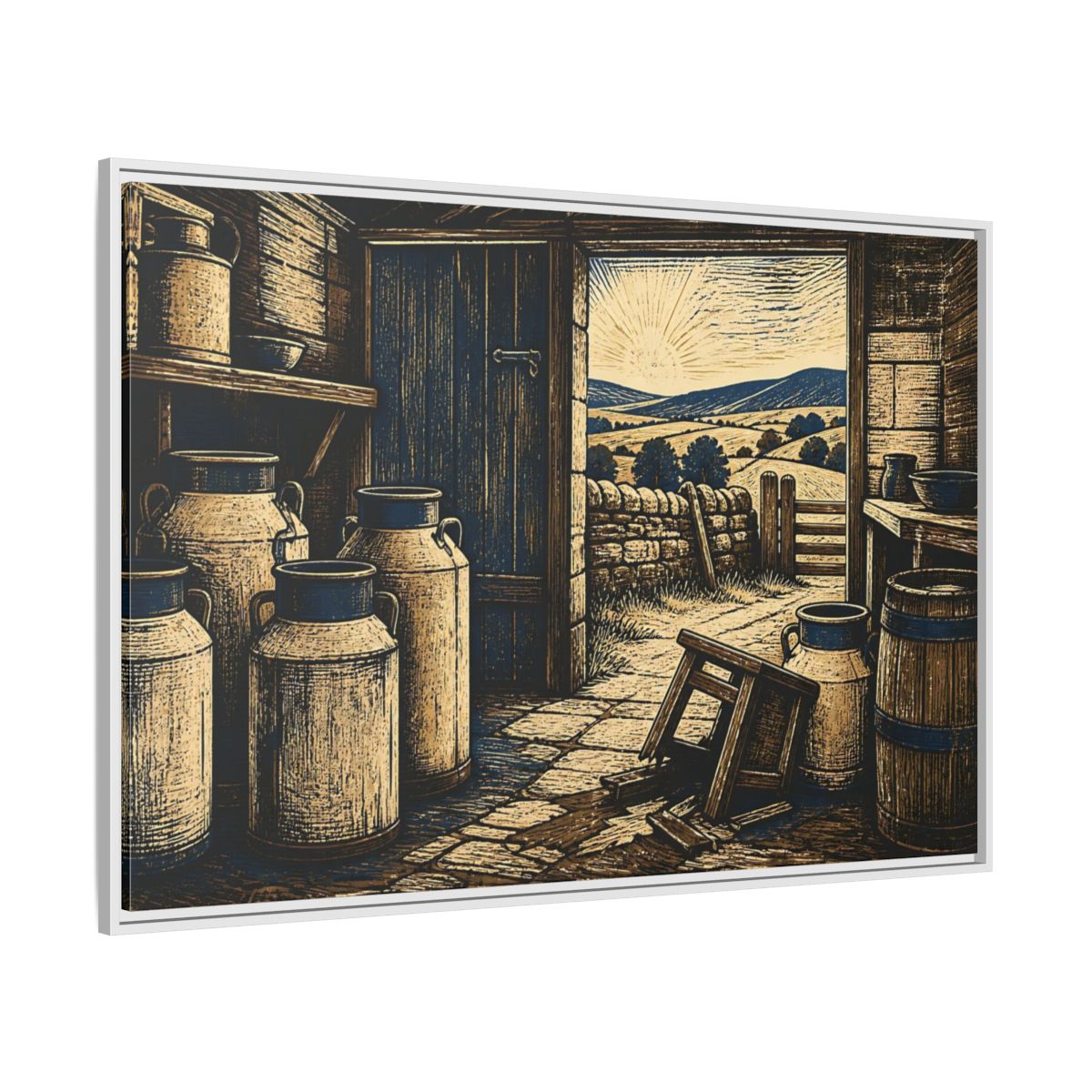 Side Mockup 7. Sunlit Dairy Room shown as framed canvas print