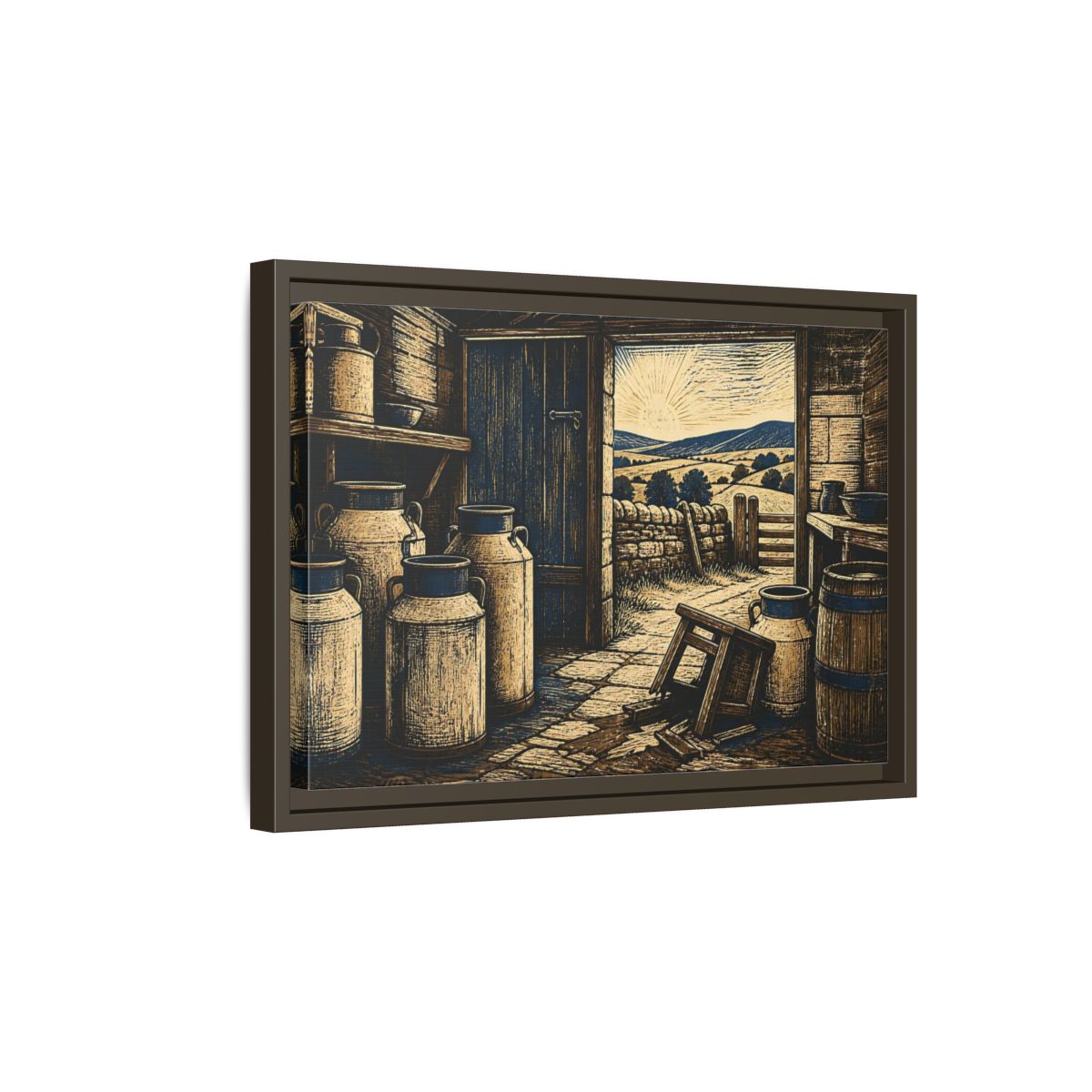 Side Mockup 5. Sunlit Dairy Room shown as framed canvas print