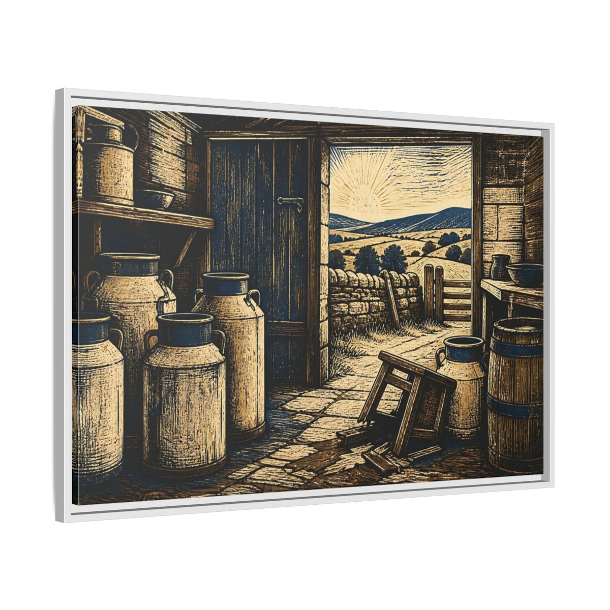 Side Mockup 9. Sunlit Dairy Room shown as framed canvas print