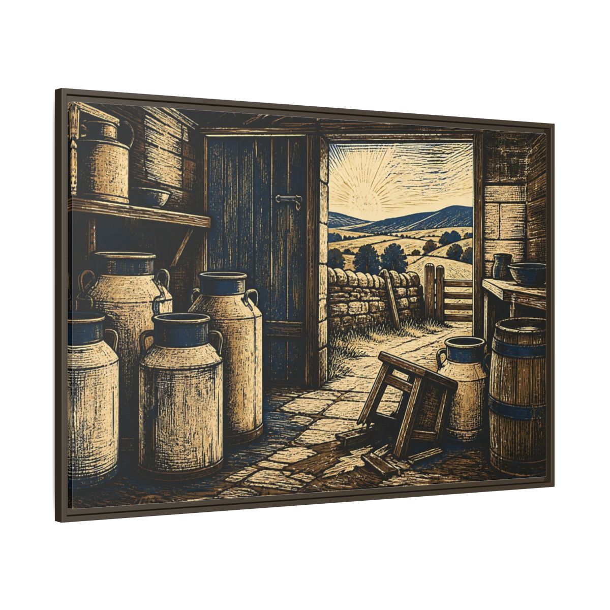 Side Mockup 8. Sunlit Dairy Room shown as framed canvas print