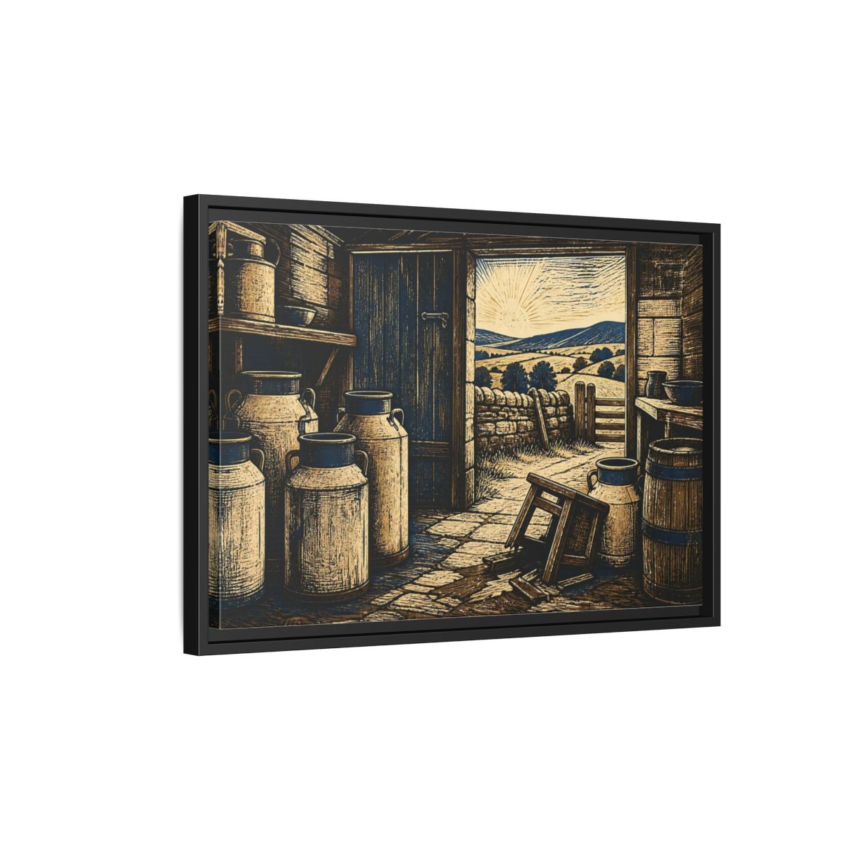 Side Mockup 3. Sunlit Dairy Room shown as framed canvas print
