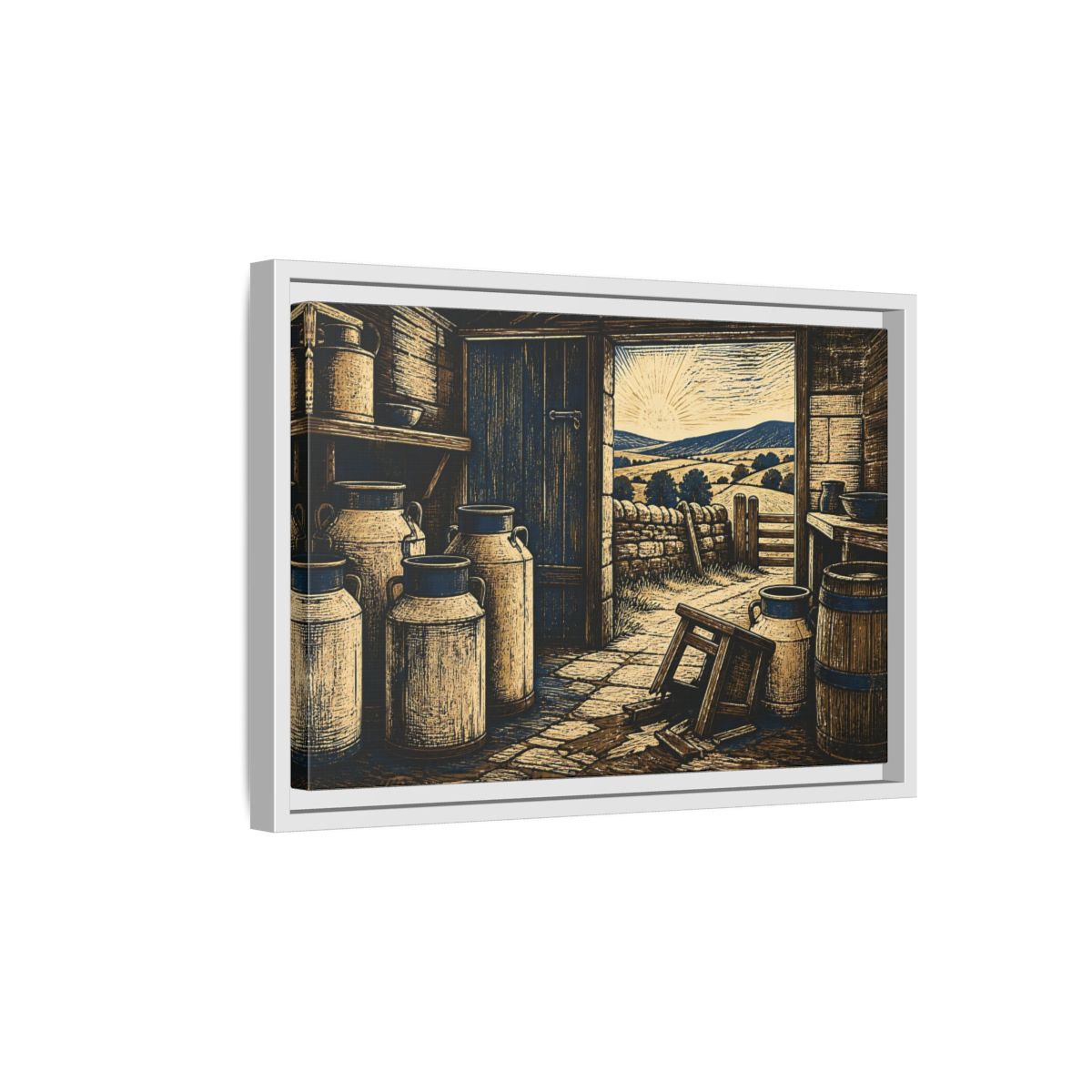 Side Mockup 4. Sunlit Dairy Room shown as framed canvas print