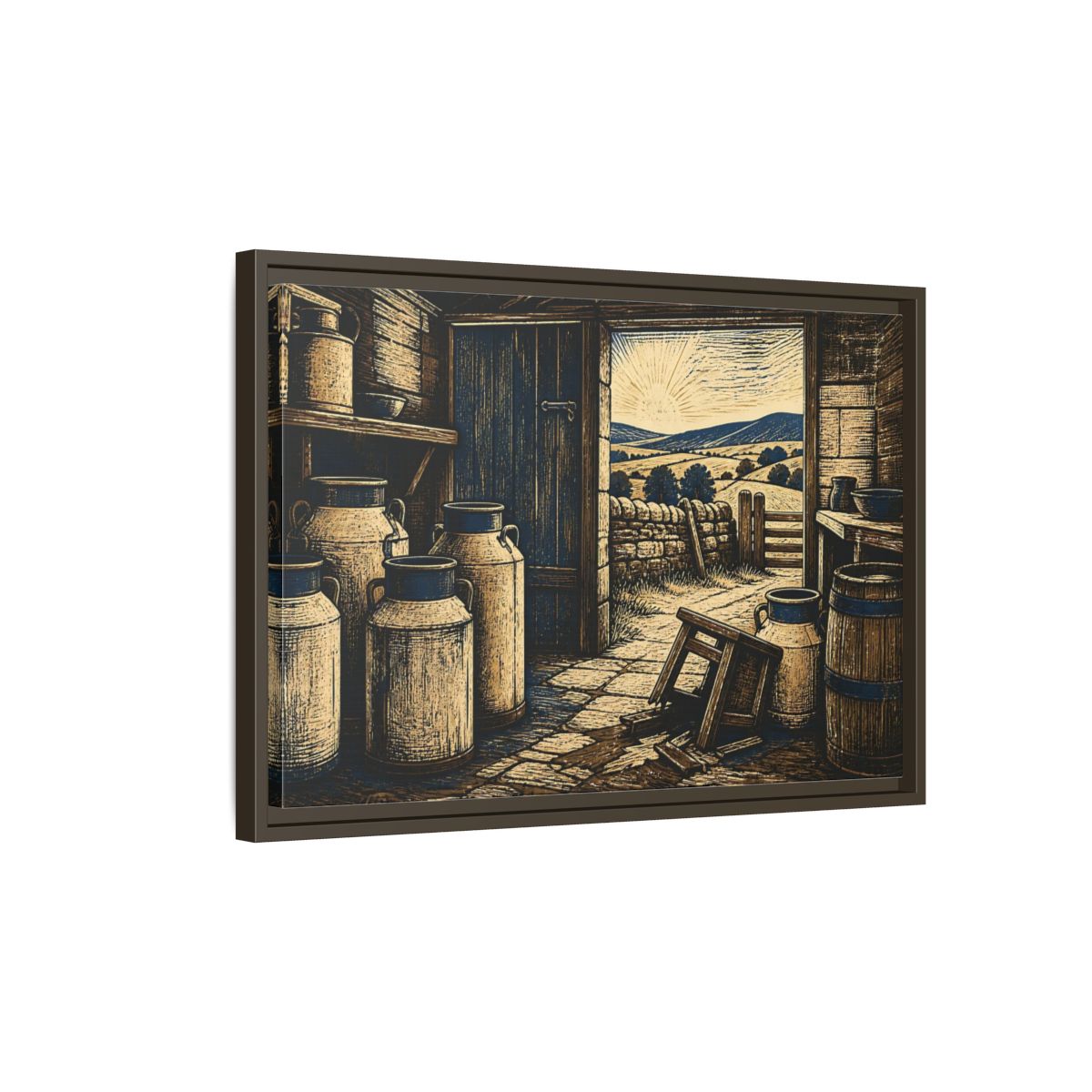 Side Mockup 2. Sunlit Dairy Room shown as framed canvas print
