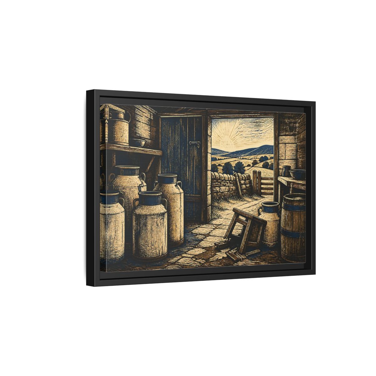 Side Mockup 6. Sunlit Dairy Room shown as framed canvas print