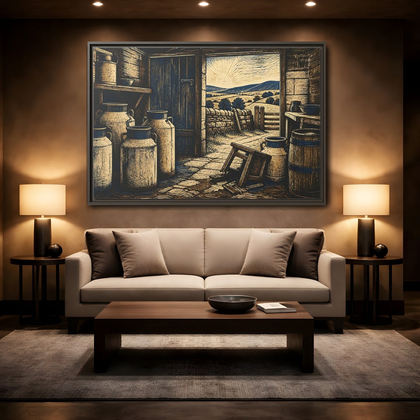 Mockup 2. Sunlit Dairy Room shown as framed canvas print