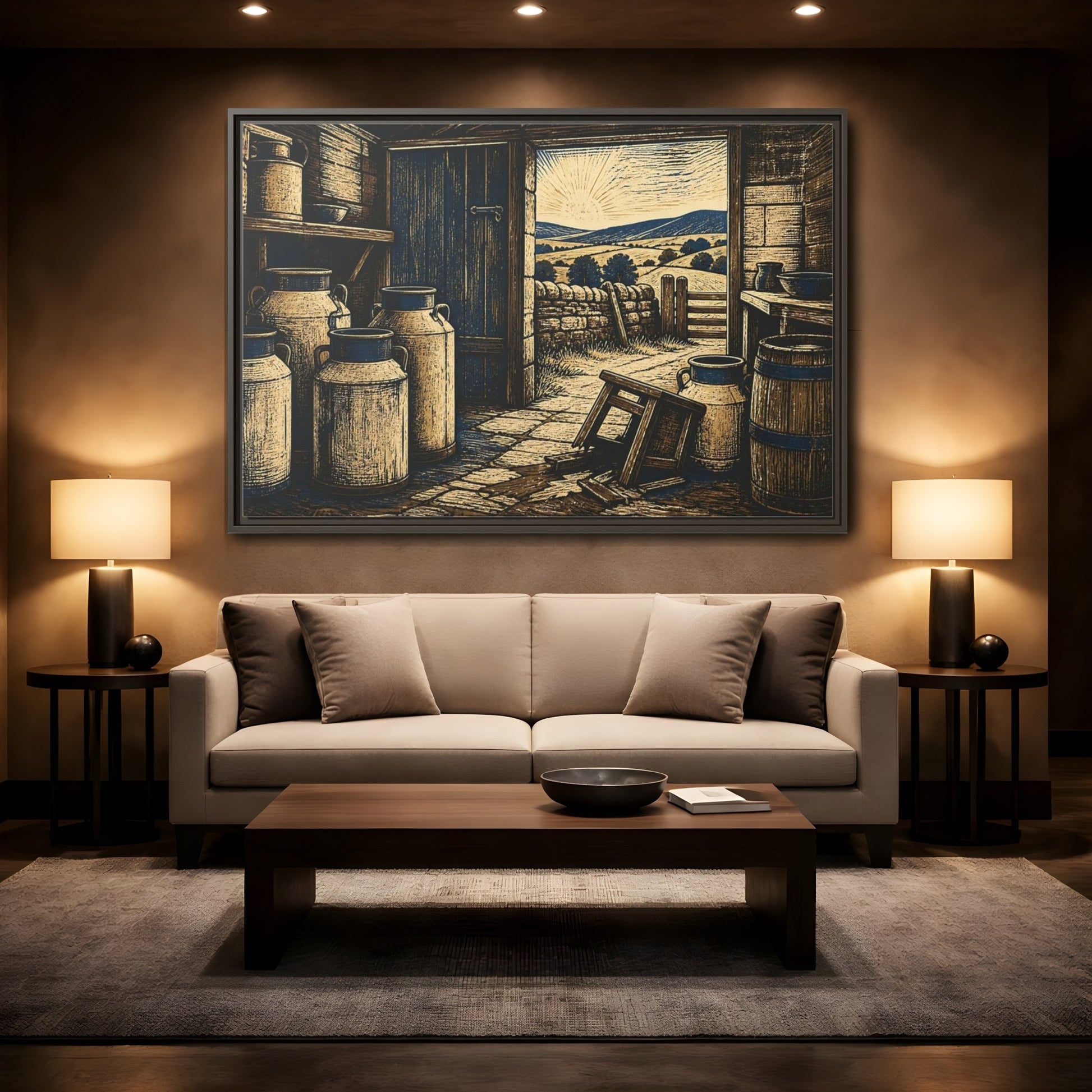 Mockup 2. Sunlit Dairy Room shown as framed canvas print
