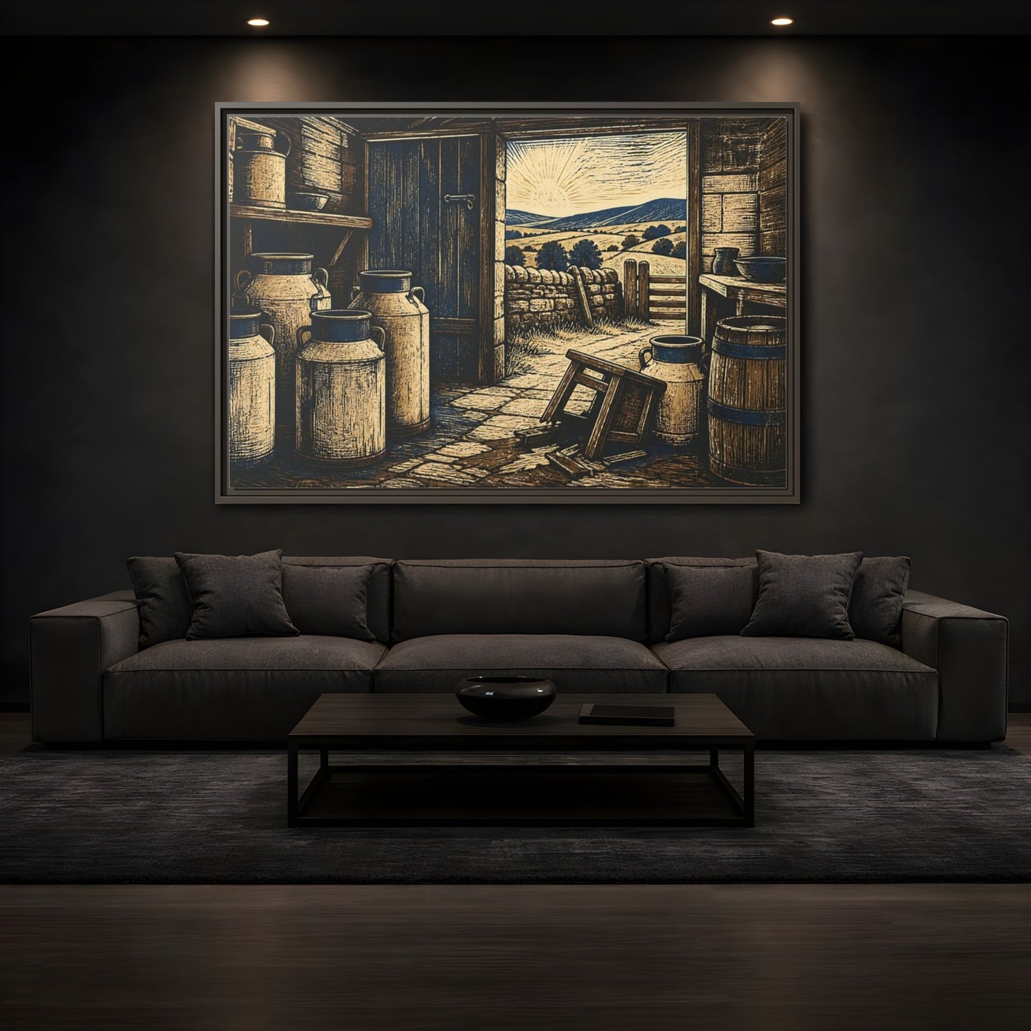 Mockup 3. Sunlit Dairy Room shown as framed canvas print