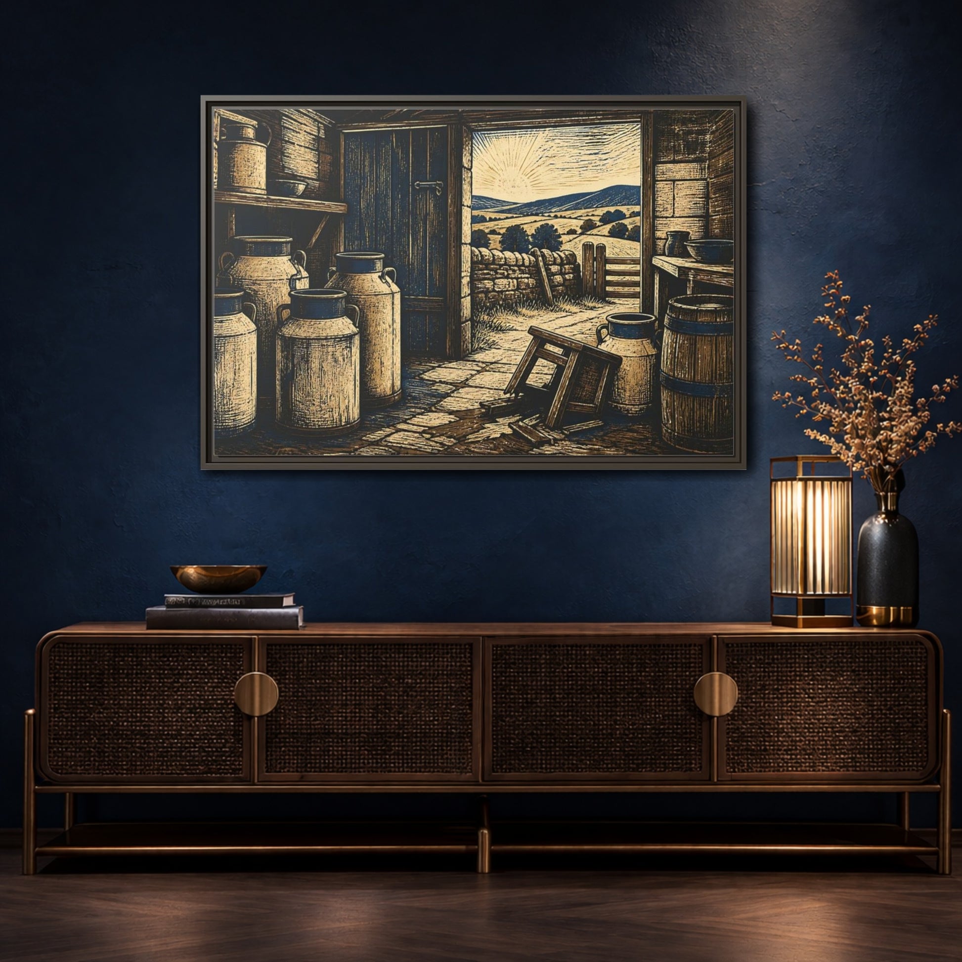 Mockup 4. Sunlit Dairy Room shown as framed canvas print